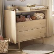 Commode 2 tiroirs et 1 niche décor chêne vintage poignées dorées My Love