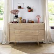 Commode 5 tiroirs et 2 portes décor chêne vintage poignées dorées My Love Sauthon 