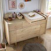 Commode 5 tiroirs et 2 portes décor chêne vintage poignées dorées My Love Sauthon 