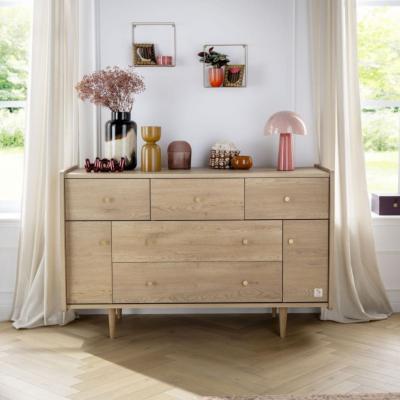 Commode 5 tiroirs et 2 portes décor chêne vintage poignées dorées My Love Sauthon 